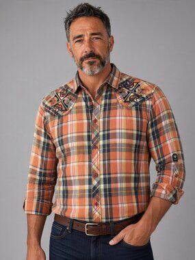 Roar Signature Mens XL Plaid Button Down Shirt Embroidered Cross Western Y2K